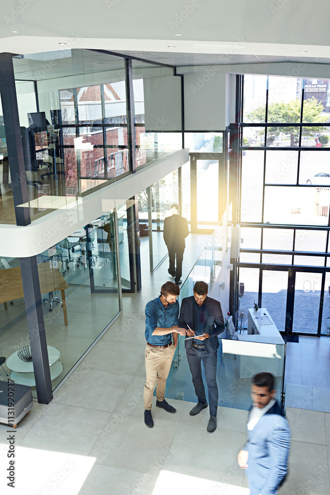 Poster tablet, teamwork and research for business, busy and colleagues with information, meeting and above.