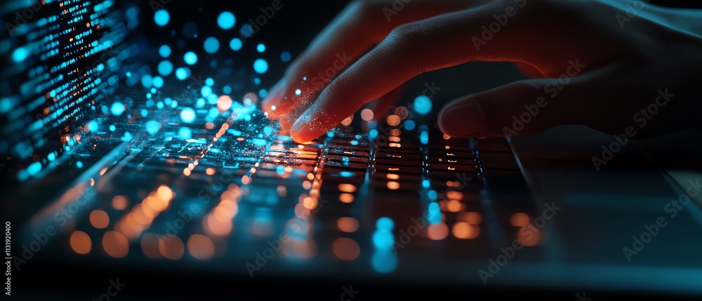 Aufkleber hand on laptop keyboard with a cloud computing diagram displayed, symbolizing digital transformation