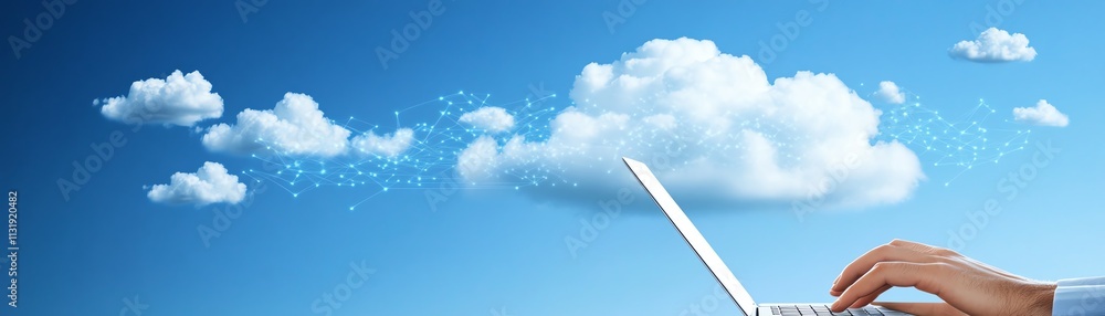 Aufkleber hand using a laptop with a cloud computing diagram on the screen, representing digital transformatio
