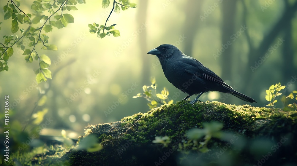 Poster serene blackbird perched on mossy branch in enchanting forest morning light : generative ai