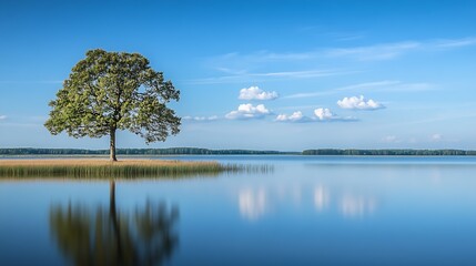 Obraz premium Serene Landscape with Lone Tree against Calm Lake and Clear Sky Reflection : Generative AI