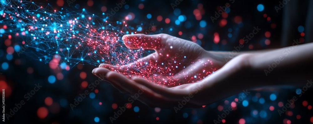 Aufkleber hands cupping a digital network of connected points and words, symbolizing the exchange of interconn