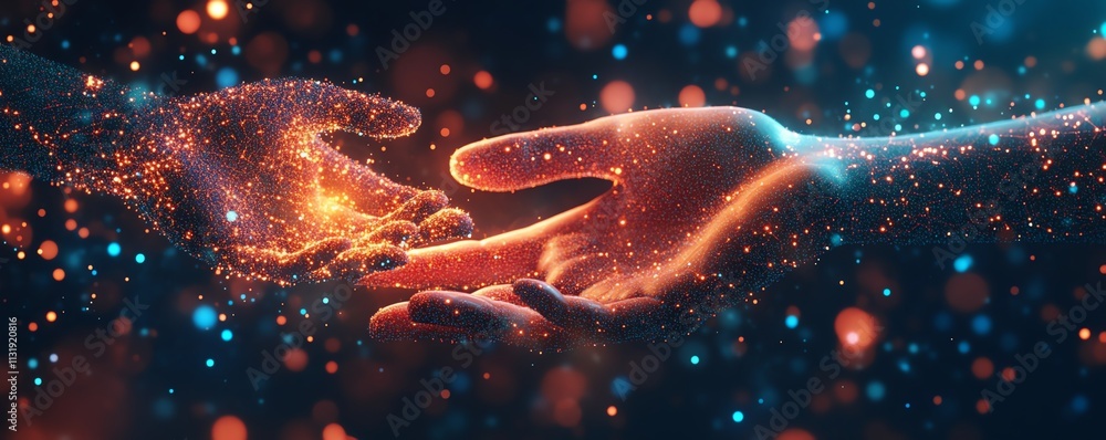Aufkleber hands cupping a digital network of connected points and words, symbolizing the exchange of interconn
