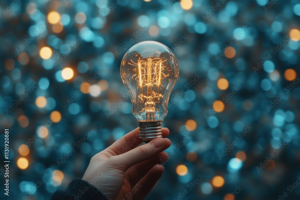 Poster hand holding illuminated lightbulb against bokeh background.