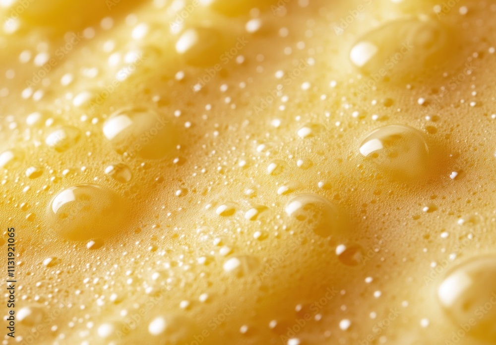 Poster close-up view of bubbling foam with droplets on a yellow surface, capturing the textures and reflect