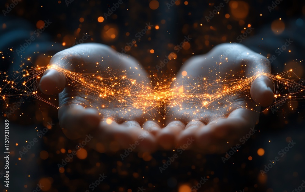 Aufkleber hands holding a glowing network of interconnected points and words, with a blurred background, repre