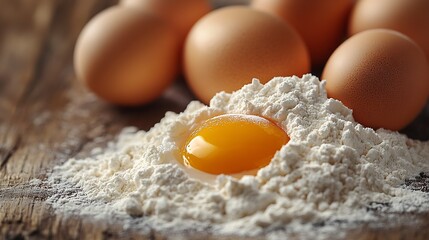 Rustic Baking Ingredients with Eggs and Flour on Wooden Surface : Generative AI