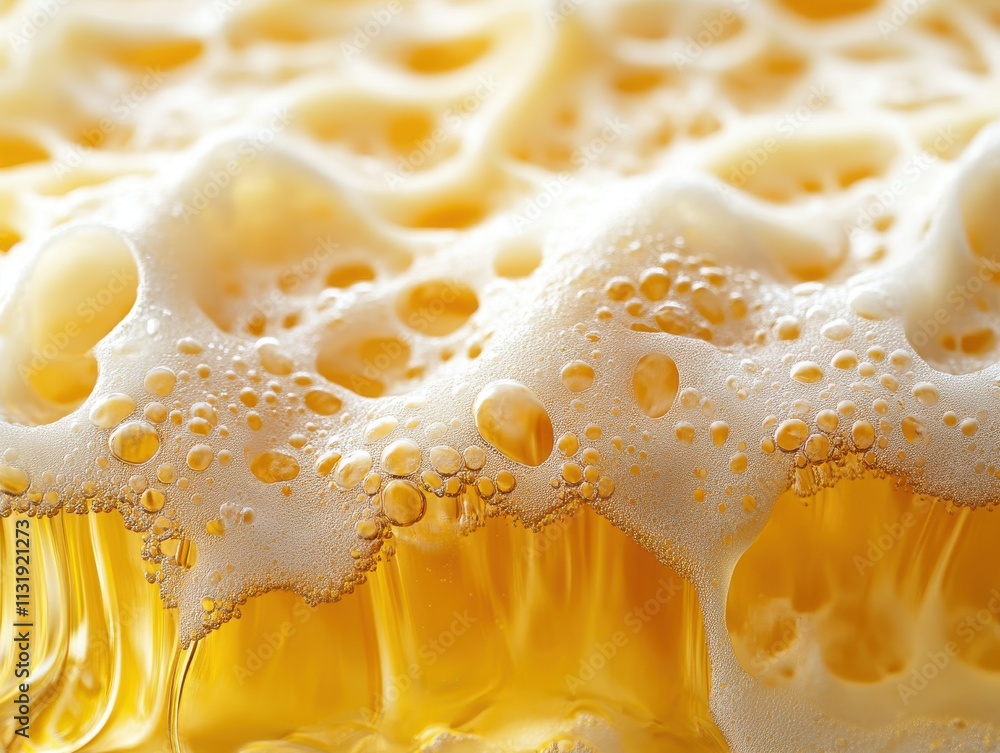 Poster close-up view of foamy beer surface with bubbles and golden color, highlighting the texture and fres