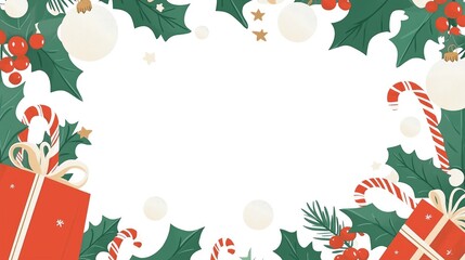 Fototapeta premium Rectangular Christmas wreath with holly leaves, candy canes, and gifts on white background, simple flat design for holiday greeting cards and posters.