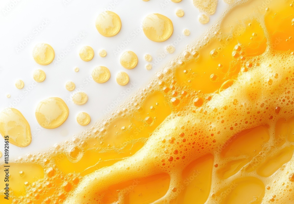 Poster close-up view of golden beer foam with bubbles and droplets on a white background in a refreshing an