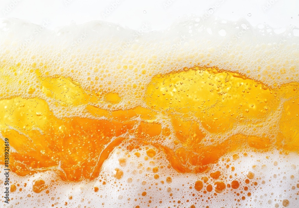 Poster close-up view of golden beer foam and bubbles showing textures and reflections in a refreshing bever