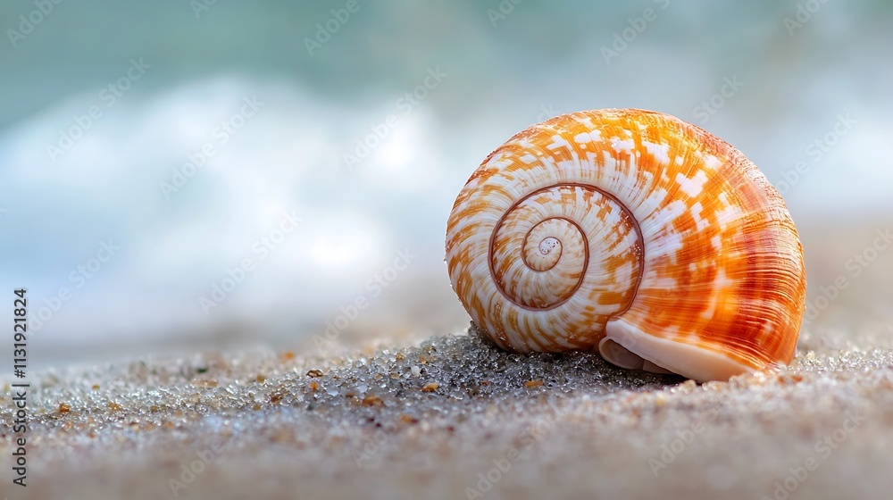 Poster Close up of orange and white seashell on sandy beach with ocean waves in background : Generative AI
