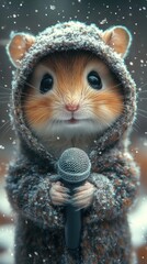 Obraz premium Charming hamster in a cozy sweater holding a microphone under falling snow 