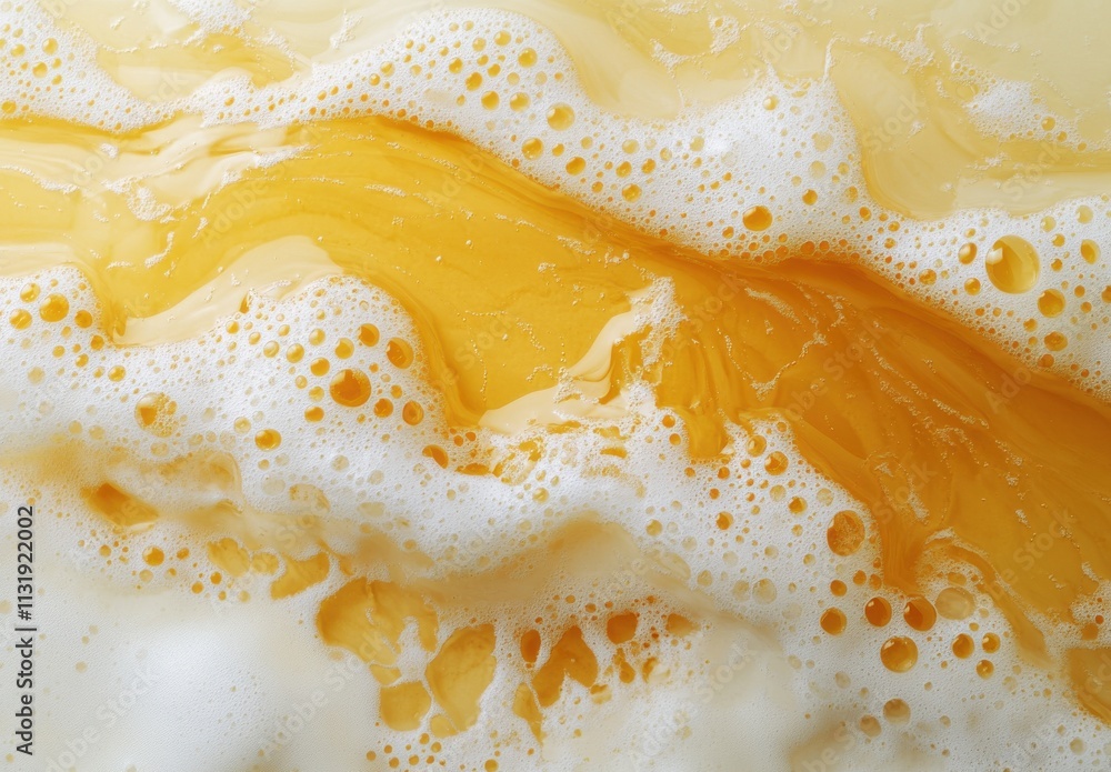 Poster close-up view of vibrant yellow foam and bubbles with swirling patterns creating a dynamic and textu