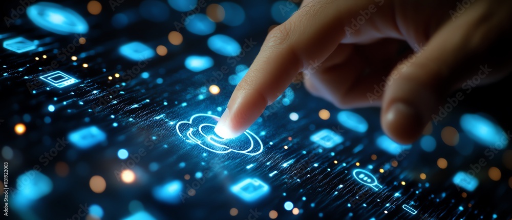 Aufkleber man s finger tapping a digital screen displaying cloud icons surrounded by internet technology symbo