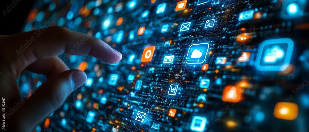 Aufkleber man s finger tapping a digital screen displaying cloud icons surrounded by internet technology symbo