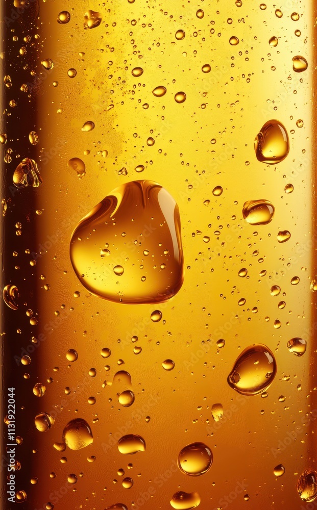 Aufkleber close-up view of water drops on a transparent bottle with golden liquid, creating an elegant and ref