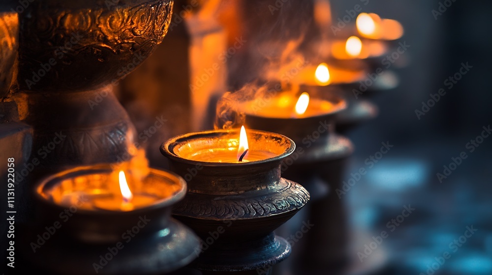 Poster warm glowing candlelight and tranquil atmosphere in traditional ritual setting : generative ai