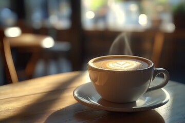 Fototapeta premium Warm Steaming Cappuccino Art in Bright Cozy Coffee House Setting : Generative AI