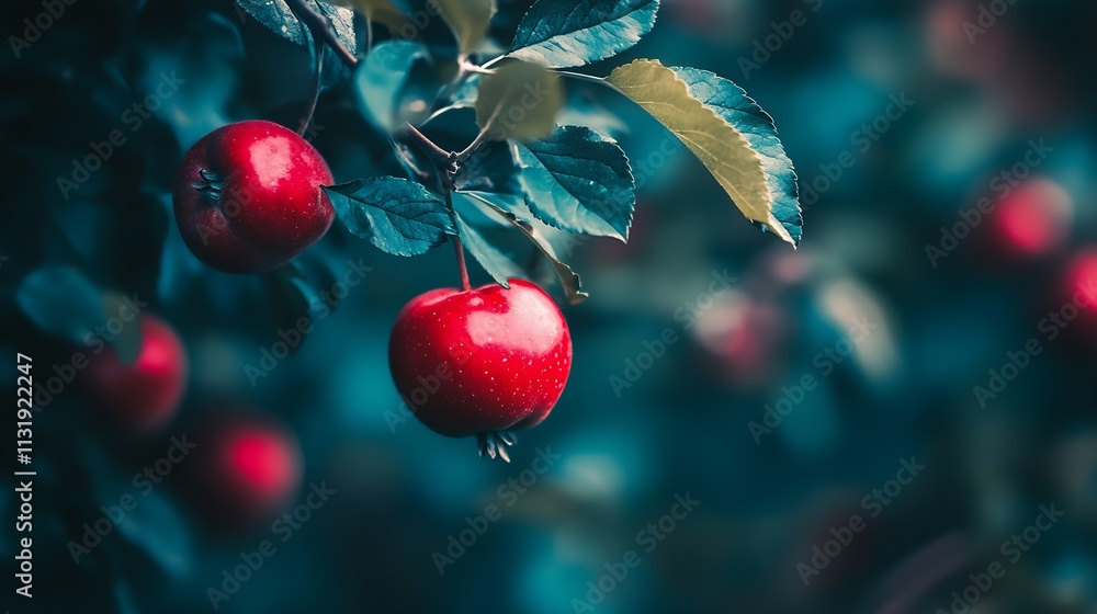 Aufkleber Vibrant Red Apples on Tree Branches with Dew in Lush Green Bokeh Background : Generative AI