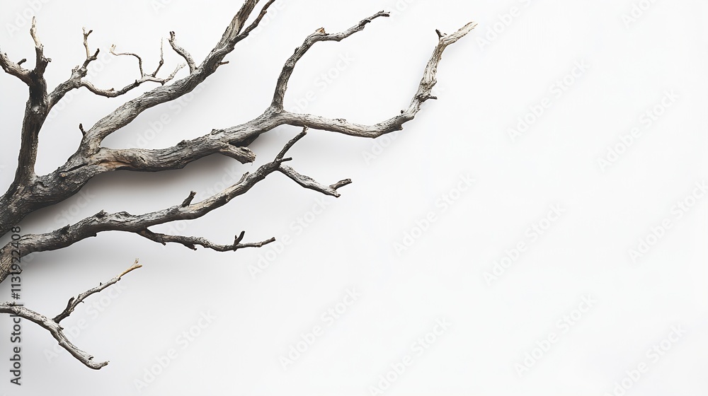 Poster minimalist design with dry tree branch on clean white background representing simplicity and natural