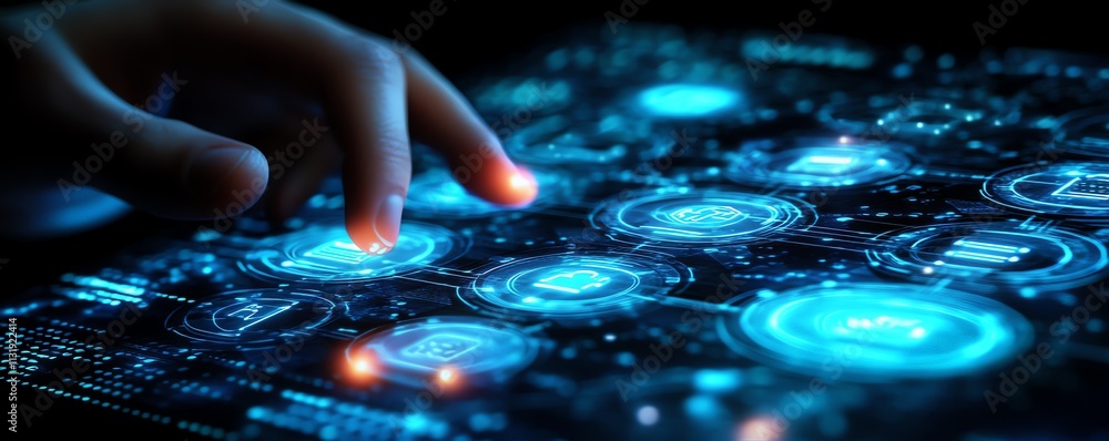 Poster modern cloud computing with a man s finger on a digital screen, cloud icons surrounded by symbols of