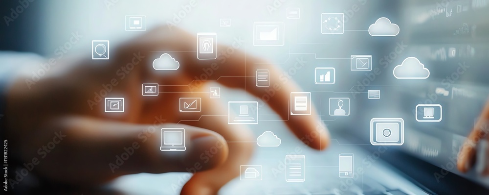 Poster modern cloud computing with a man s finger on a digital screen, cloud icons surrounded by symbols of