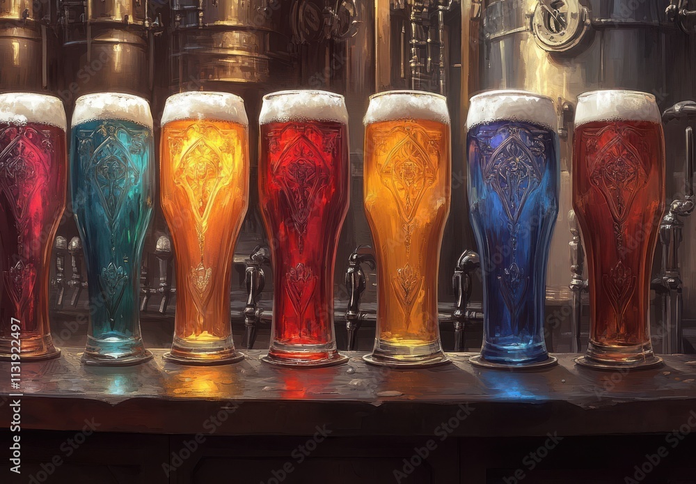 Aufkleber colorful array of glasses filled with various beer types on a bar counter surrounded by brewing equi