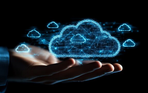 Modern cloud technology and computing concept with a man s finger on a digital touch screen, surrounded by cloud icons and internet technology symbols