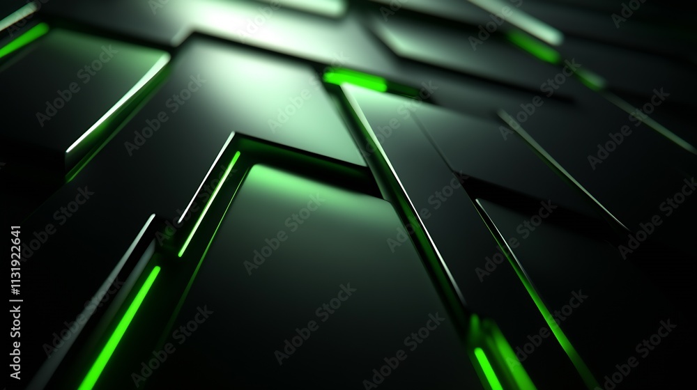 Aufkleber Abstract Futuristic Green and Black Geometric Pattern with Illuminated Lines : Generative AI