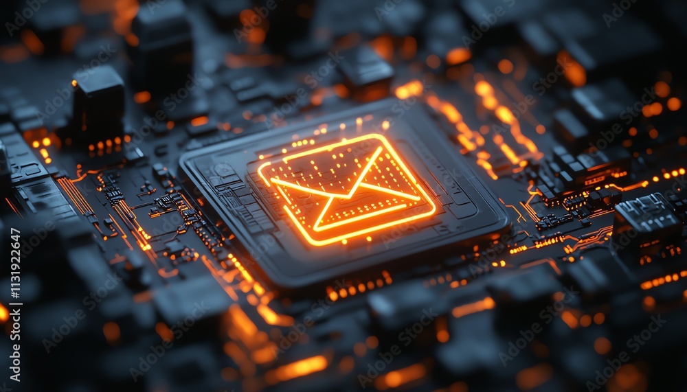 Fototapete square circuit button hologram with glowing email icon on a dark background, representing digital te