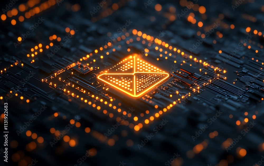 Fototapete square circuit button hologram with glowing email icon on a dark background, representing digital te