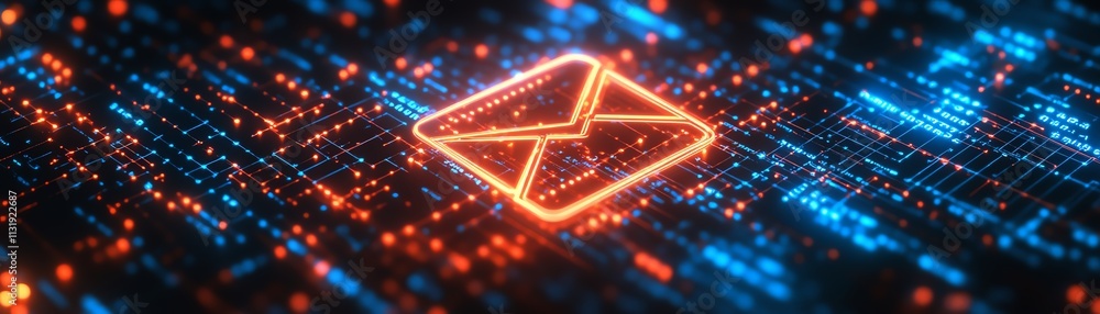 Aufkleber square circuit button hologram with email icon glowing on a dark background, representing digital te