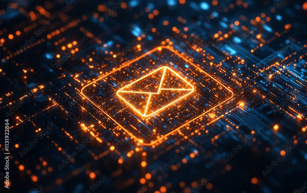 Fototapete square circuit button hologram with glowing email icon on a dark background, representing digital te