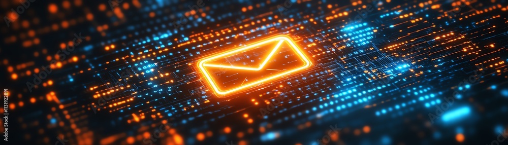 Aufkleber square circuit button hologram with email icon glowing on a dark background, representing digital te