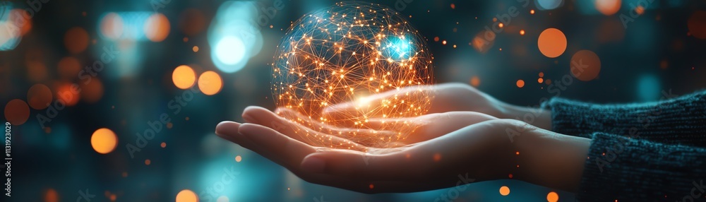 Aufkleber two hands gently holding a network of interconnected points and words on a blurred background, repre