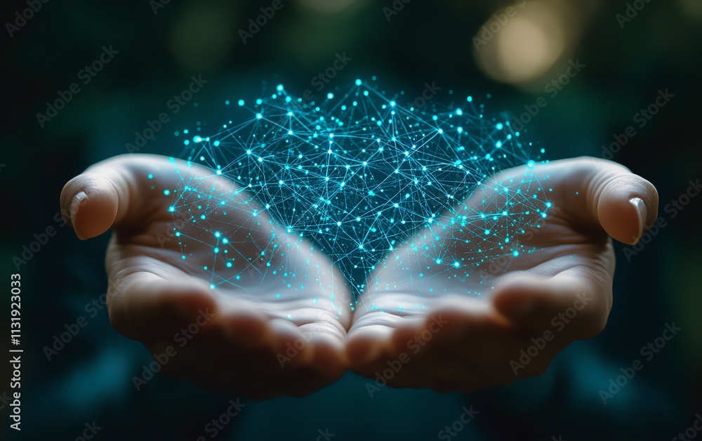 Aufkleber two hands cupping a network of connected points and words, with a blurred background, symbolizing th