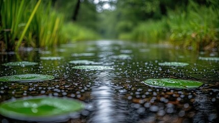 Fototapeta premium Rain on tranquil waterway, lily pads.