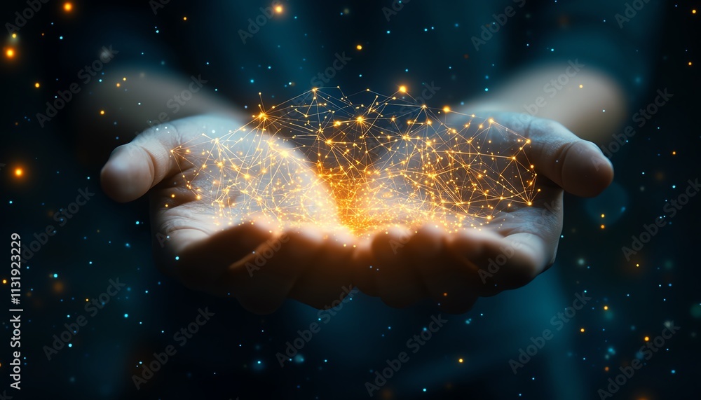 Aufkleber two hands holding a network of interconnected words and points, with a blurred background, represent