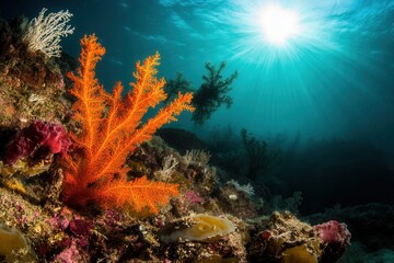 Obraz premium Vibrant coral reef with sunlit underwater scenery.