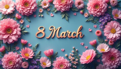 A stunning display of pink and purple flowers surrounds the elegant text 8 March on a serene blue background. This image radiates joy and appreciation, making it perfect for celebrating International