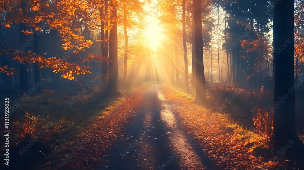 Aufkleber sunlit autumn forest path with vibrant foliage and tranquil atmosphere : generative ai