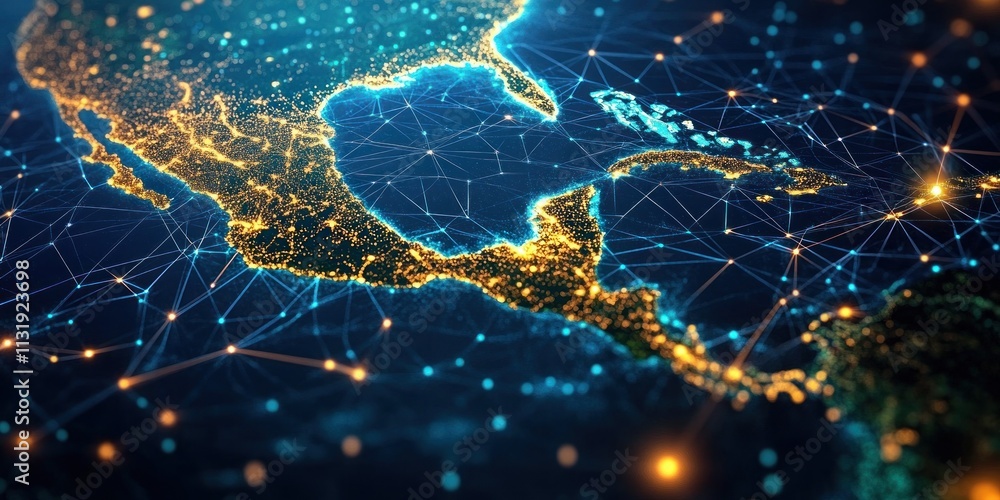 Poster digital map of central america global connectivity network and cyber technology data transfer teleco