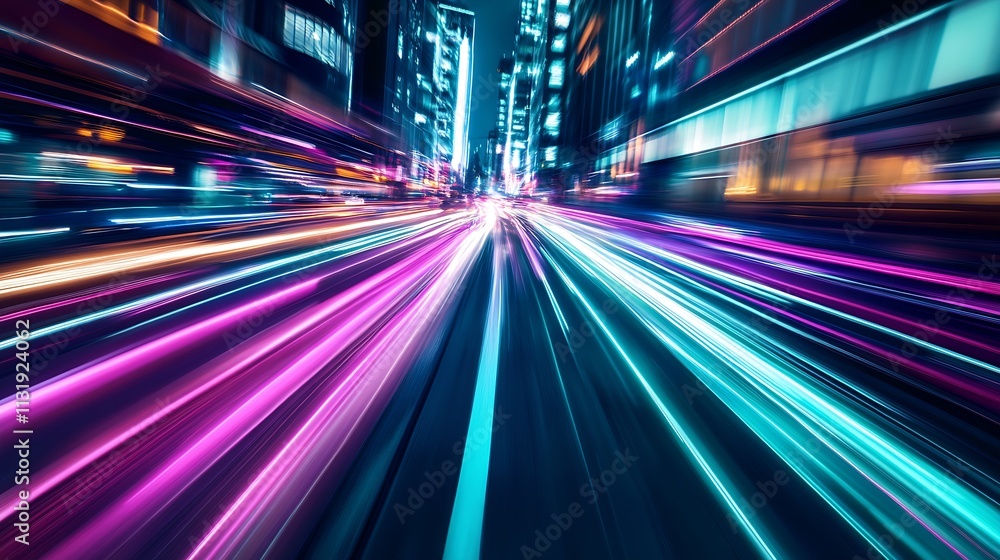Poster vivid city traffic with fast moving light trails and neon glow : generative ai