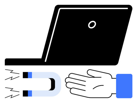 Laptop with magnet and hand representing attracting talent, digital marketing. Ideal for online recruitment, digital marketing, user engagement, technology, innovation, human resources