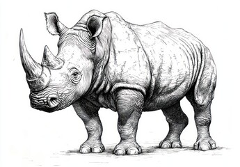 Obraz premium Rhinoceros Ink Illustration Detailed Line Work High Contrast Lighting Dramatic Shadows Vintage Engraving