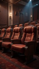 Obraz premium Empty, luxurious cinema seats in a dimly lit theater. Red leather and dark wood create an elegant atmosphere.