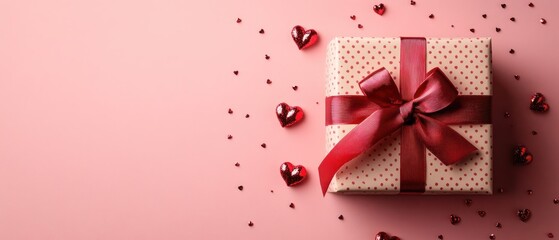 Valentine Day Gift Box with Red Ribbon and Hearts on Pink Background Romantic Celebration