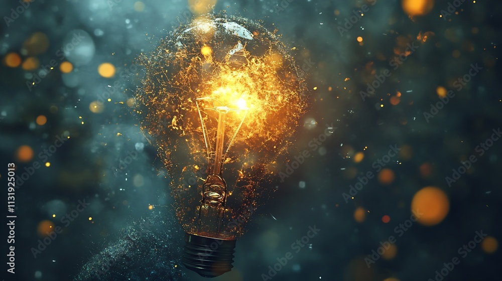 Poster Creative artistic light bulb with glowing spark and dark abstract bokeh background : Generative AI
