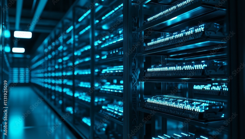 Poster Rows of illuminated server racks in a modern data center.